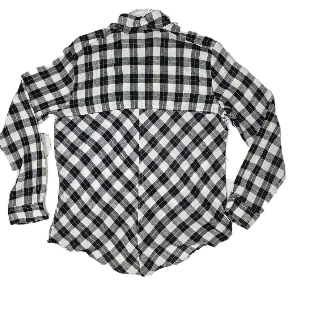 Free People Medium Shirt Women Black White‎ Plaid Snap Up Long Sleeve Top - Picture 4 of 5